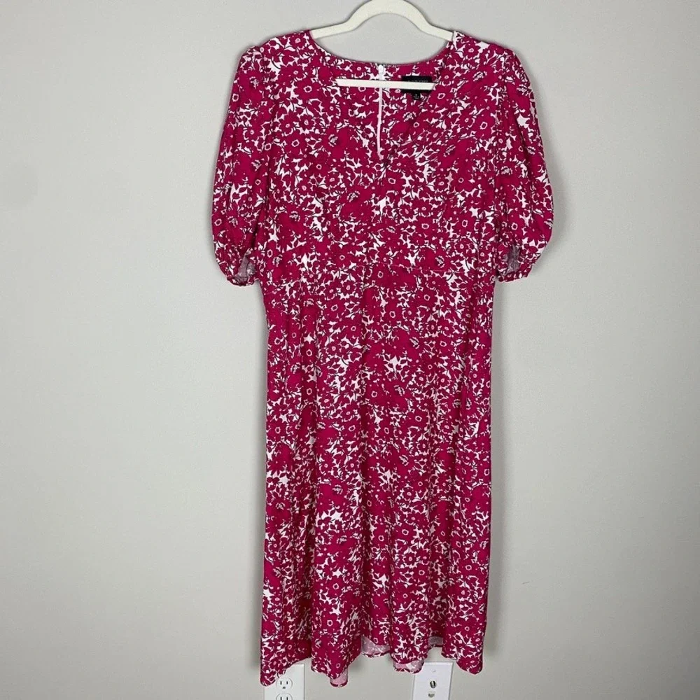 J. Crew Collection Midi Dress Drapey Floral Pink Puff‎ Sleeve V Neck Size 16